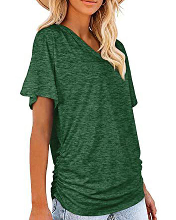 T-Shirt Plisowany Jednokolorowy Dekolt W Serek