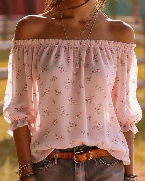 Bluzka Off-Shoulder Kwiatowy Trzy Czwarte Rękaw