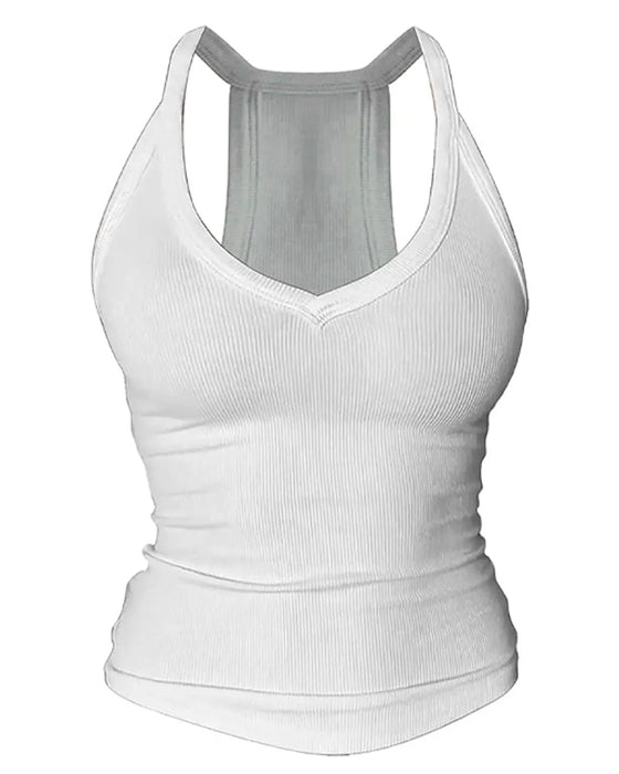 Top Cami Wbudowany Biustonosz Dekolt W Kształcie Litery V Żebrowany Ramiączka Spaghetti