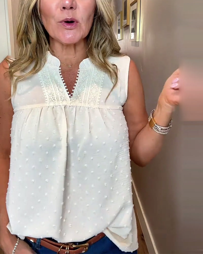 Top Bez Rękawów V-Dekolt Koronka Patchwork