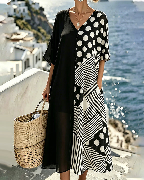 Sukienka V-Szyja Polka Dot Pasek Patchwork