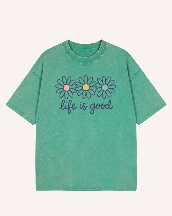 T-Shirt Nadruk Stokrotki Swobodny Postarzany