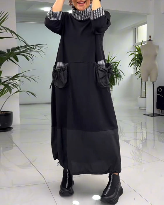 Sukienka w kratę z wysokim kołnierzem i kieszeniami