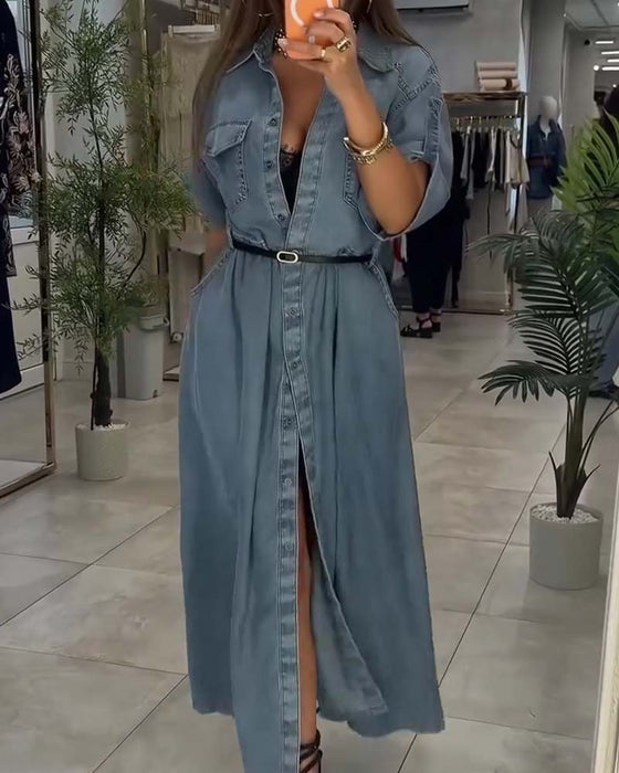 Sukienka Koszula Kołnierz Kieszeń Guzik Denim