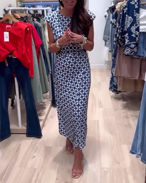 Elegancka sukienka bez rękawów z geometrycznym nadrukiem i okrągłym dekoltem