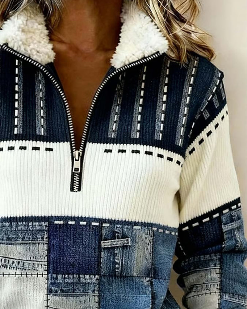 Retro Bluza Z Kapturem I Pół-Zamkiem