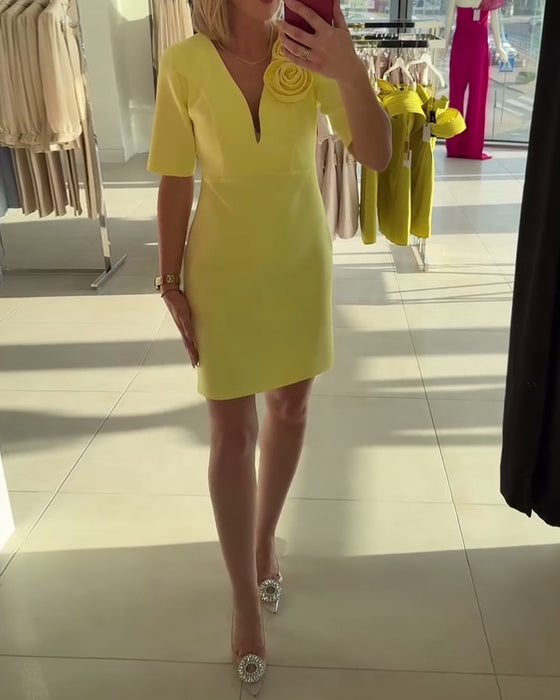 Sukienka Elegancka Ręcznie Robiony Kwiat Gładki Kolor