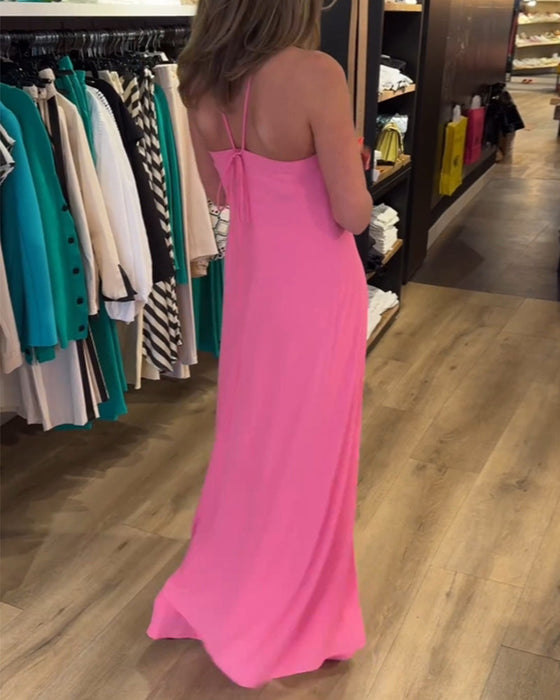 Dwuczęściowy komplet z dekoltem typu halter i rozcięciem w jednolitym kolorze