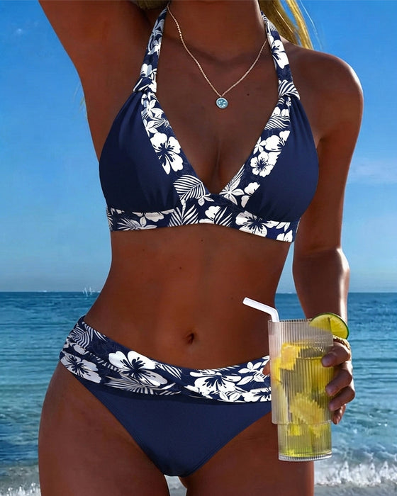 Bikini Głębokie V Niebieski Biały Druk Trójkąt