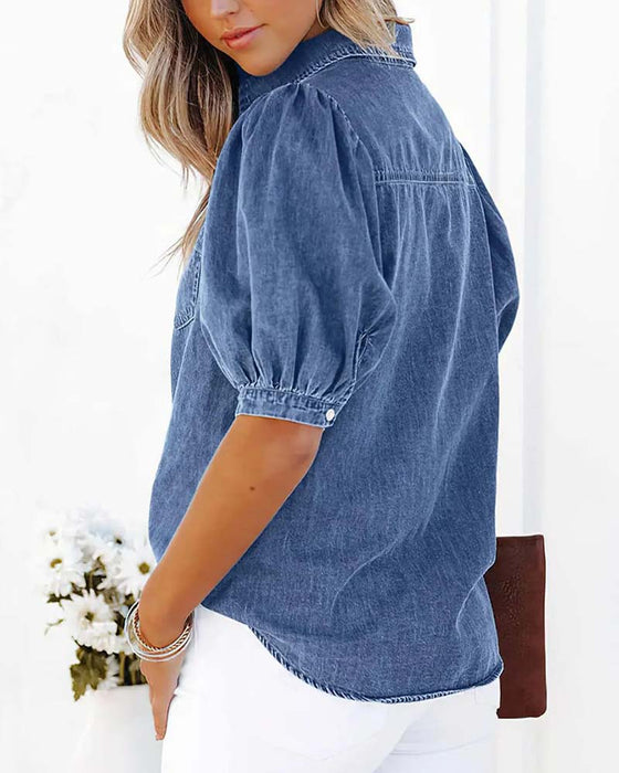 Koszula Zatrzask Denim Rękaw Latarnia Luźna