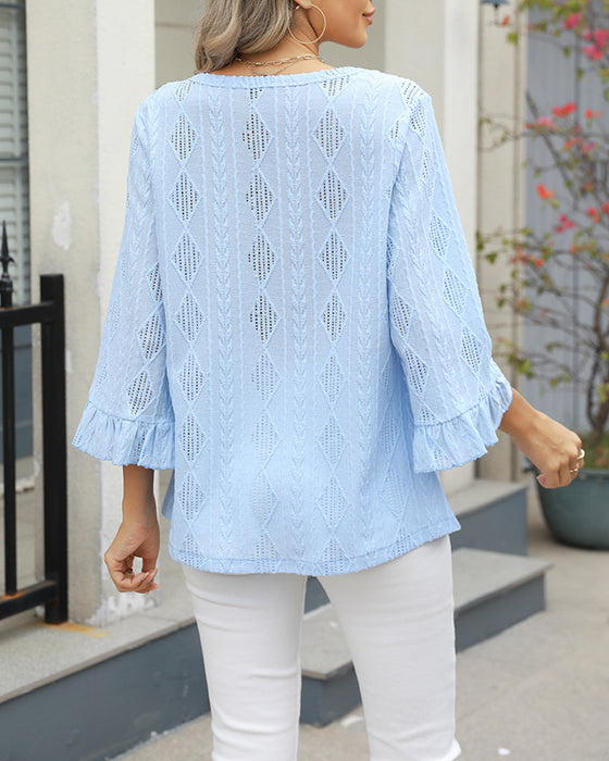 Bluzka Wzór Diamentowy Ażurowa Rękawy Trąbkowe