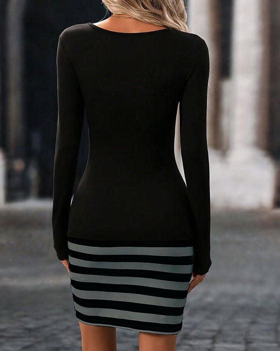 Sukienka Długi Rękaw Patchwork Pasek Bodycon