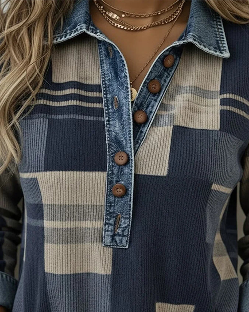 Drukowana Bluza Color-Block Z Zapięciem Na Guziki