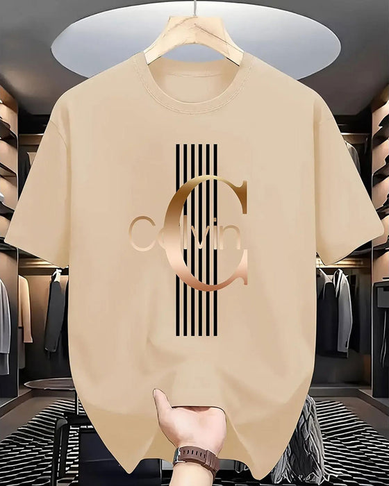 T-Shirt Litera Pionowy Pasek Nadruk Krótki Rękaw