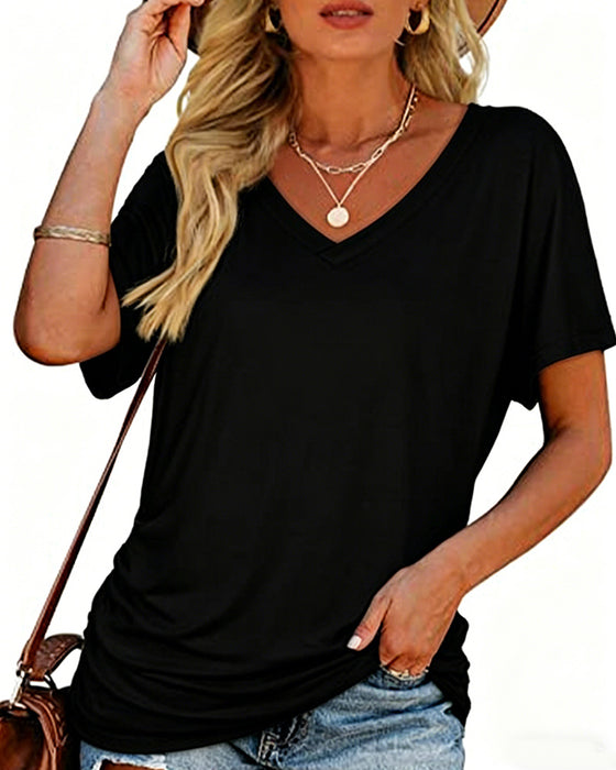 T-Shirt Plisowany Jednokolorowy Dekolt W Serek