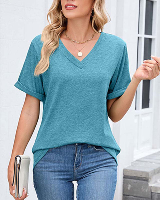 T-Shirt Jednokolorowy Dekolt W Kształcie Litery V Casual Krótki Rękaw