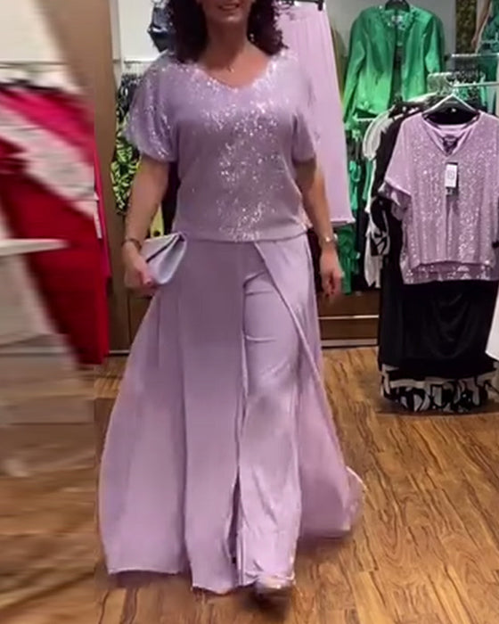 Luźna cekinowa bluzka z krótkim rękawem i dekoltem w kształcie litery V