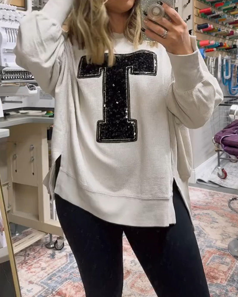 Sweatshirt T-Design Cekiny Haftowany Okrągły Dekolt
