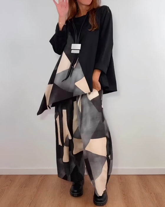 Dwuczęściowy Zestaw Casual Geometryczny Nadruk Szerokie Spodnie