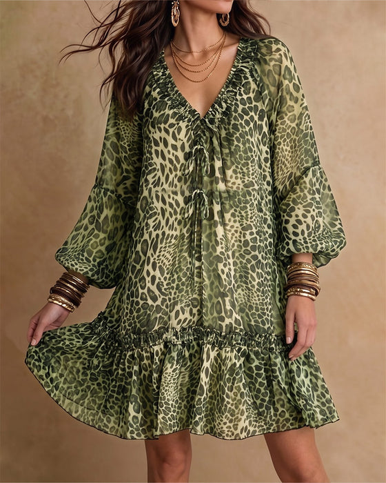 Sukienka V-Neck Leopard Print Bufiaste Rękawy Falbana