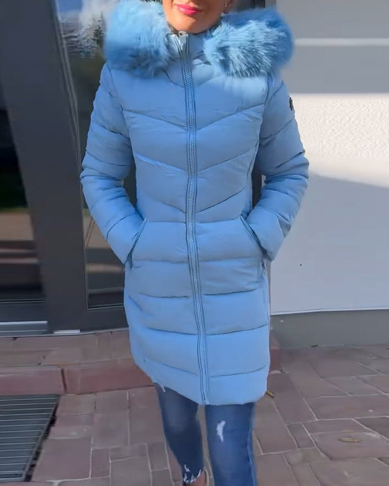 Swobodna jednokolorowa pikowana kurtka z kapturem i kieszenią na zamek