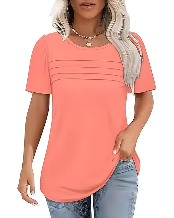 T-Shirt Plisowany Luźny Okrągły Dekolt Krótki Rękaw