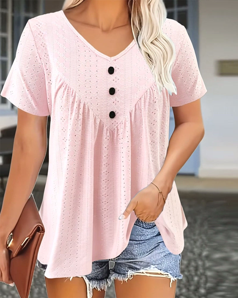 T-Shirt Casual Wycięty Dekolt W Szyję Krótki Rękaw