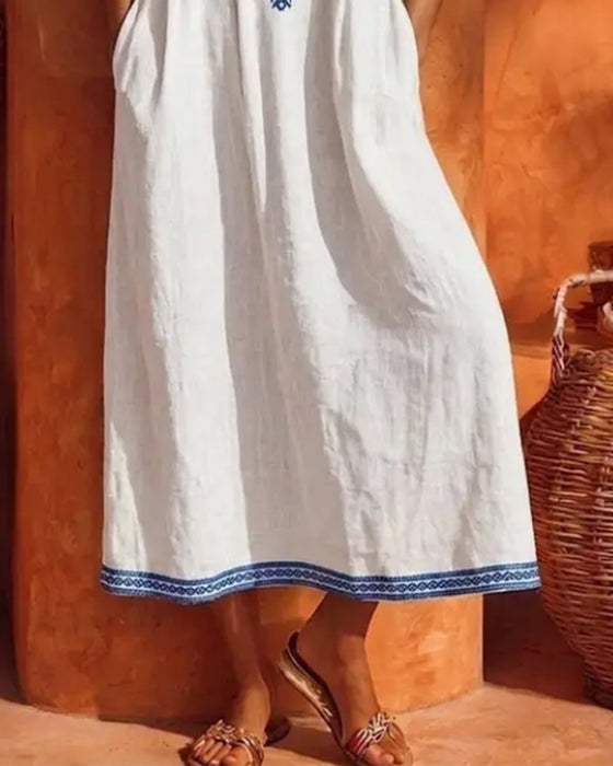 Sukienka Dekolt W Boho Pełna Spódnica Kieszeń