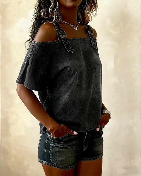 Bluzka Off-Shoulder Z Paskiem Na Ramieniu Denim