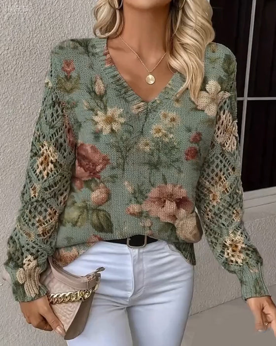 Sweter Jacquard V-Neck Ażurowy Długi Rękaw