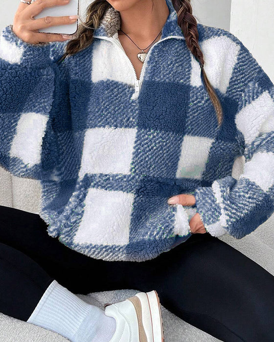 Bluza Half-Zip Stójka W Kratę