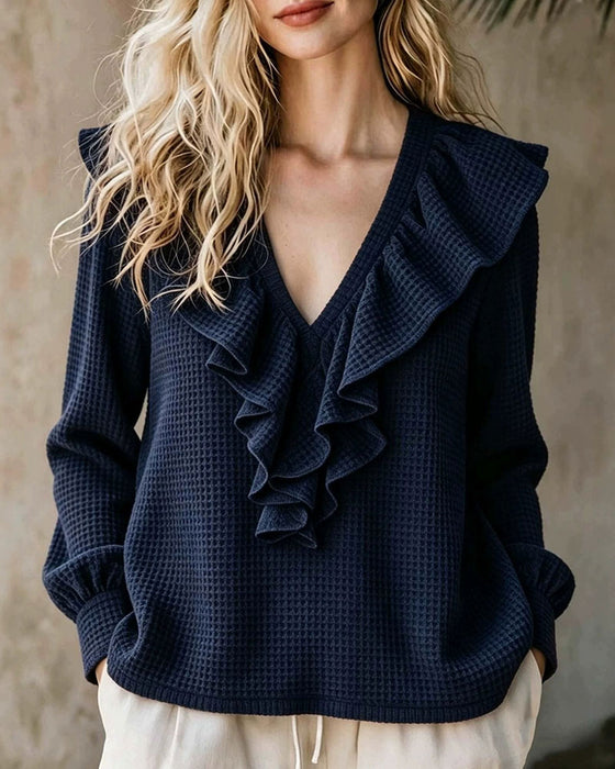 Bluse Vaffelstrik V-Hals Ruffle