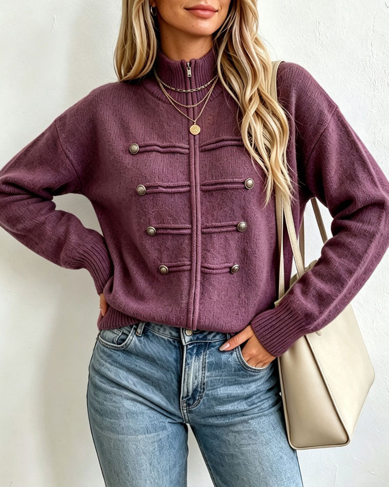 Cardigan Kołnierz Mandarynka Moda Zamek Błyskawiczny Dzianinowy