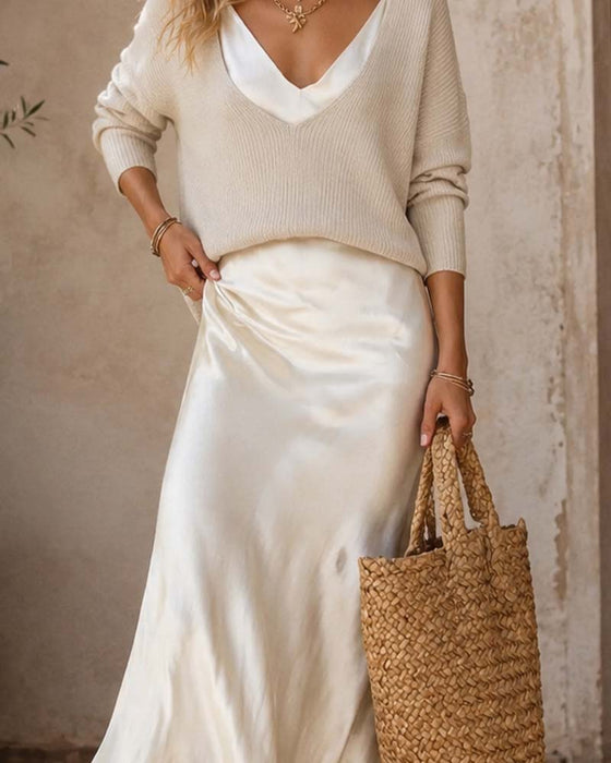 Sweter V-Neck Gładka Sukienka Halkowa z Długim Rękawem