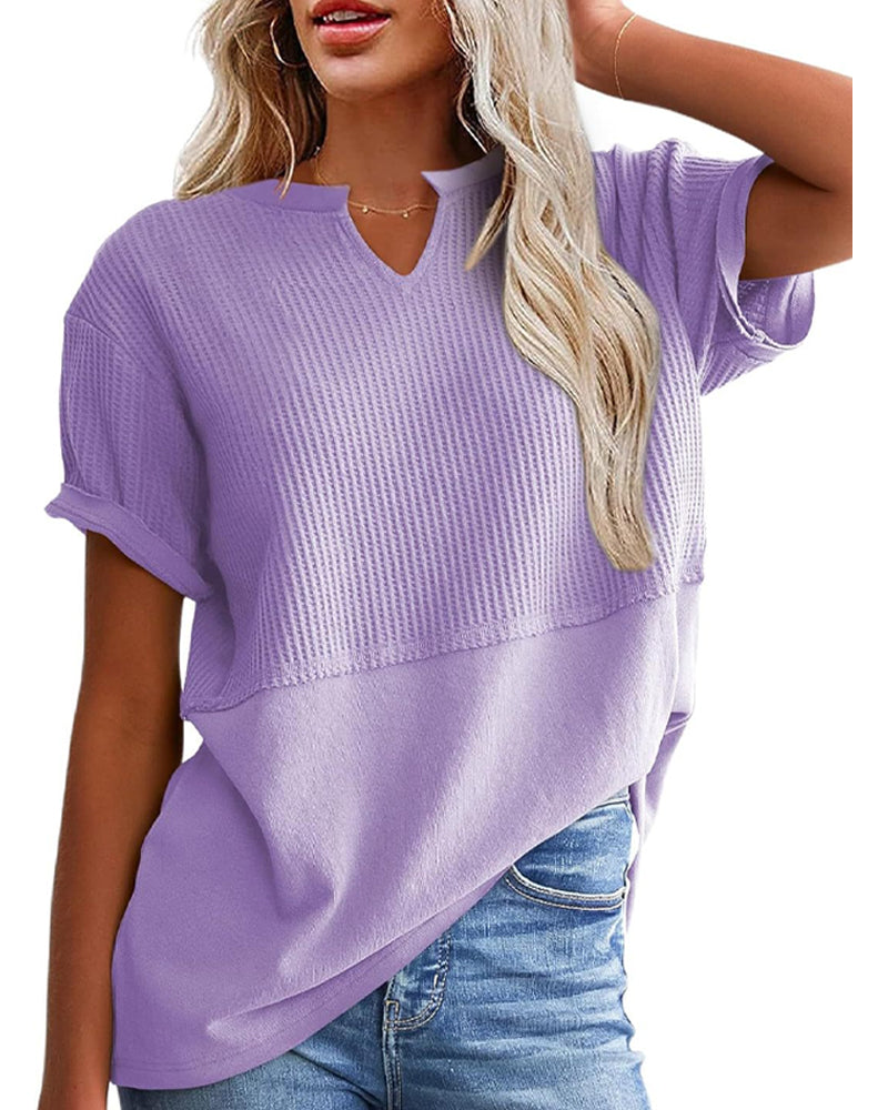 T-Shirt Przewiązana W Talii Patchwork Dekolt W Kształcie Litery V Sweter