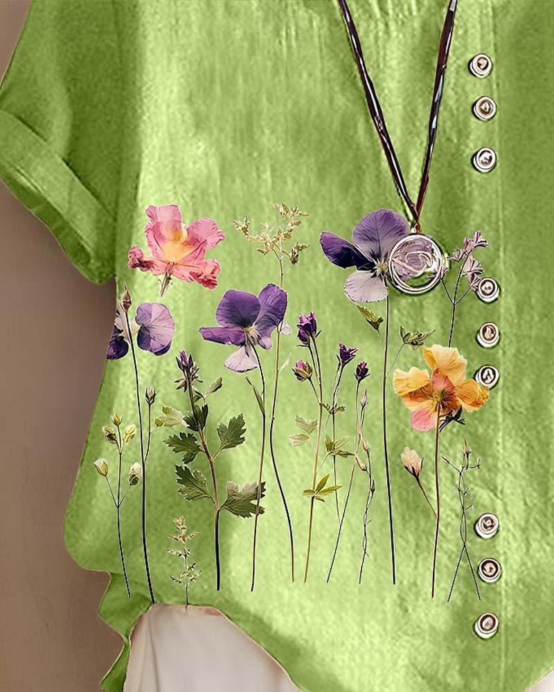 T-Shirt Kwiatowy Nadruk Okrągły Dekolt Krótki Rękaw