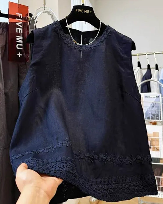 Tank Top Okrągły Dekolt Haftowana Lamówka