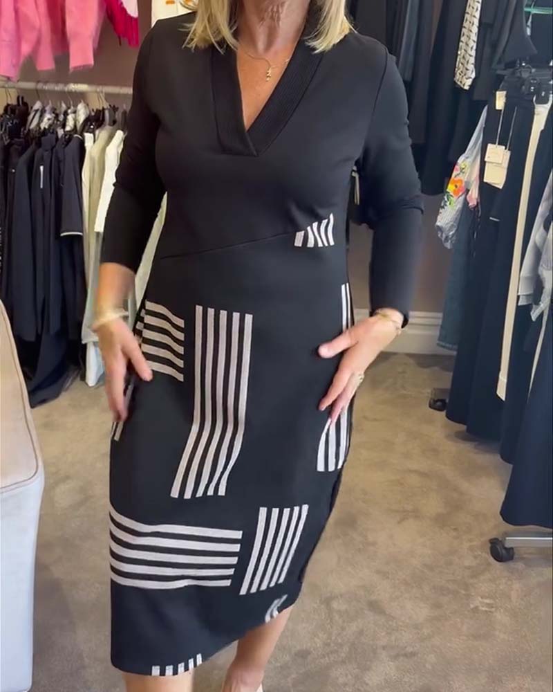 Sukienka Geometryczny Pasek Dekolt W Bodycon Midi