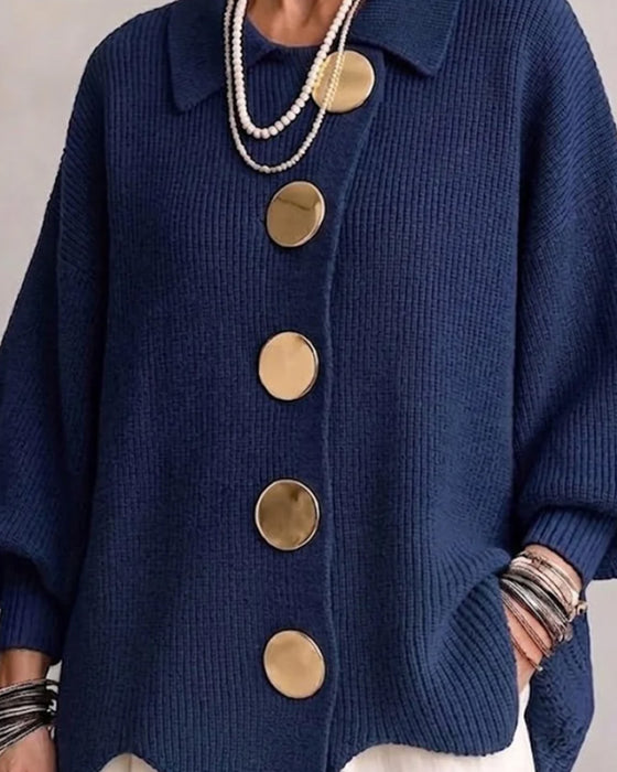 Cardigan Duży Metalowy Guzik Klapa