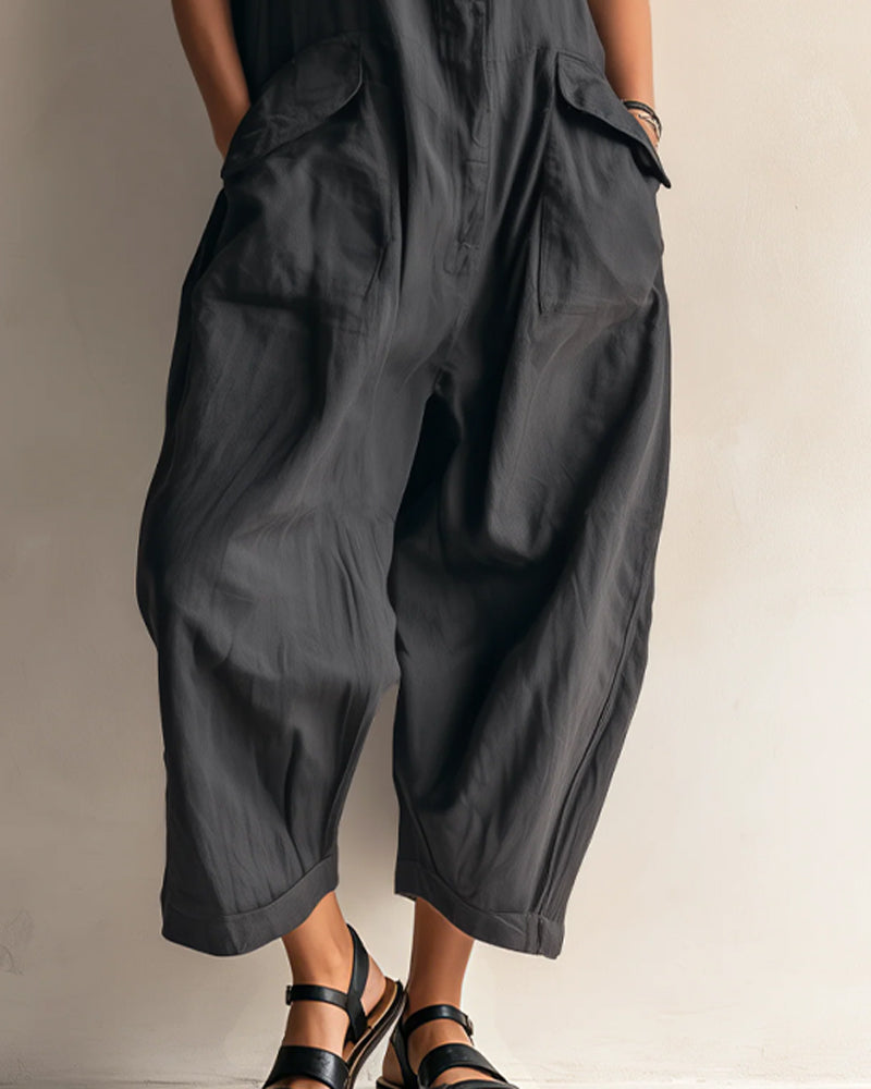 Jumpsuit Klapa Bez Rękawów Kieszeń Cargo