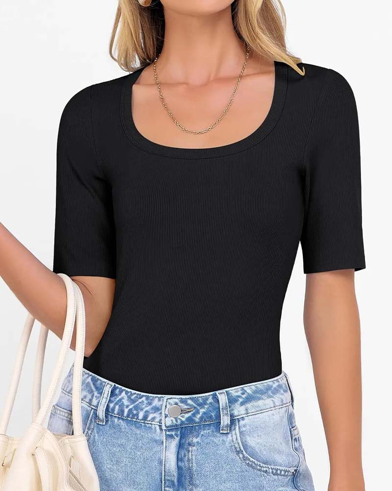 T-Shirt Dopasowany Dekolt U Półrękaw
