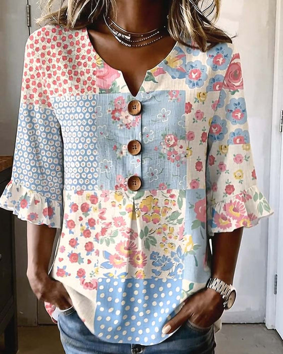 Bluzka Krótki Rękaw Kwiatowy Nadruk Patchwork