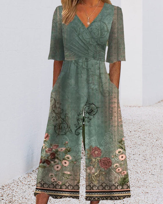 Kombinezon z kieszeniami w stylu vintage w kwiaty