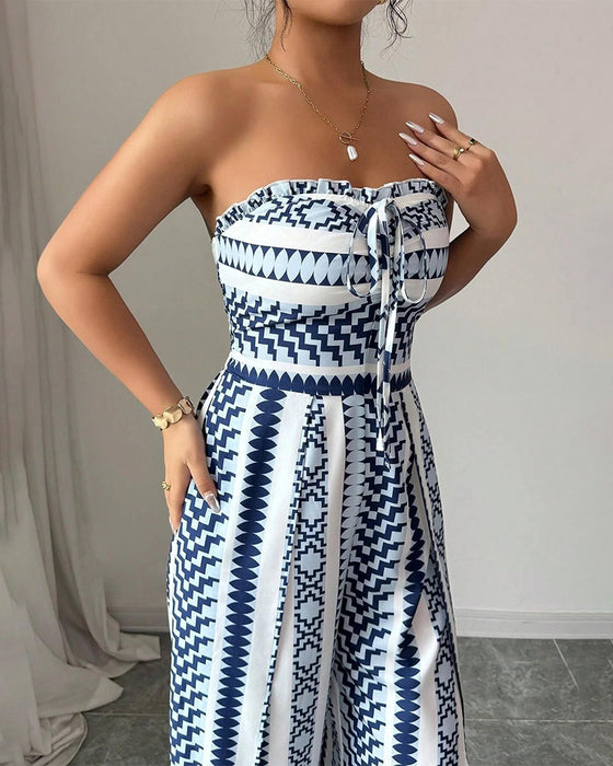 Jumpsuit Geometryczny Bandeau Rozcięcie Szeroka Noga