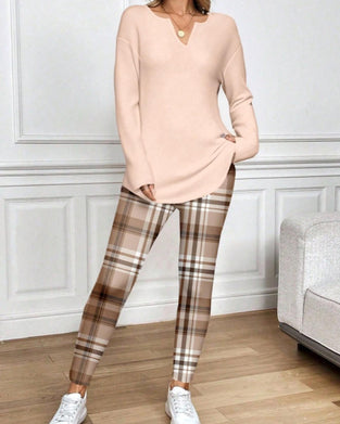 Zestaw V-Szyja Gładki Top + Krata Spodnie Loungewear