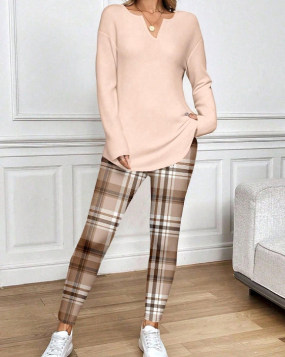 Zestaw V-Szyja Gładki Top + Krata Spodnie Loungewear