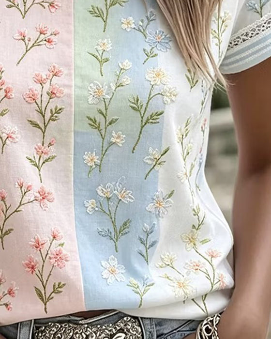 Bluzka Koronka Patchwork Kontrast Kwiatowy