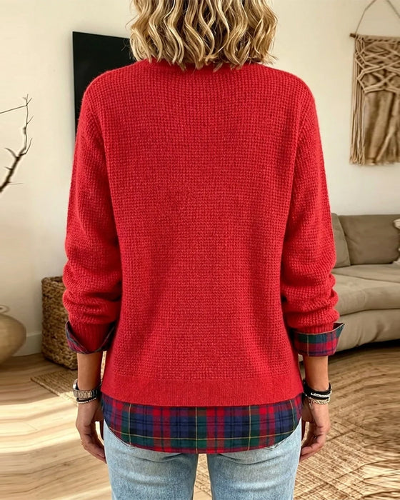 Sweter Okrągły Dekolt Krata Patchwork Sztuczny Dwuczęściowy