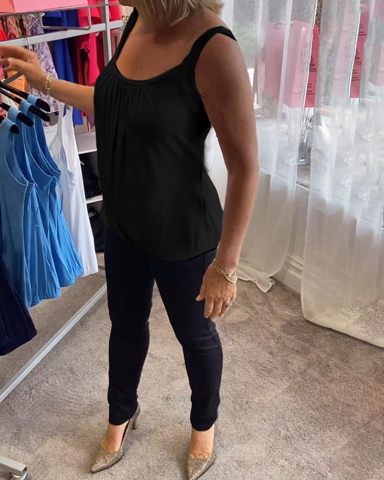 Plisowany solidny swobodny top bez rękawów