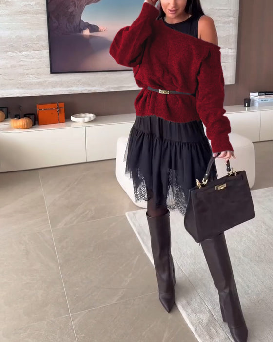 Off-Shoulder Luźny Sweter & Koronka Brzeg Sukienka